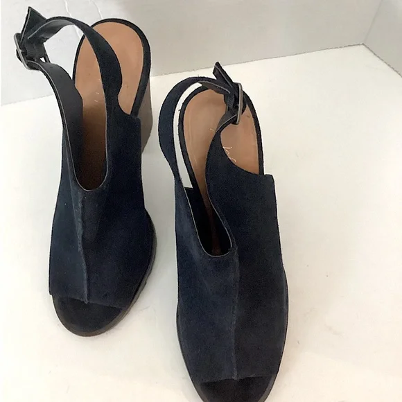 Lord & Taylor 424 Fifth Leather Deanna Navy Slingback Heels Mules Size 8 - Picture 6 of 13